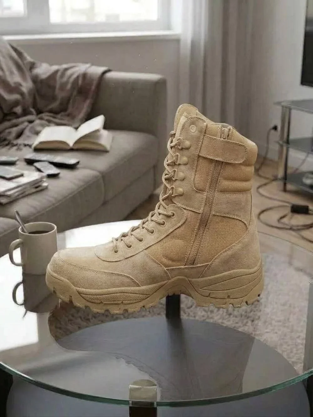 Tactical Military Combat Boots Sand Beige Leather Hiking Trail Desert Army Boot